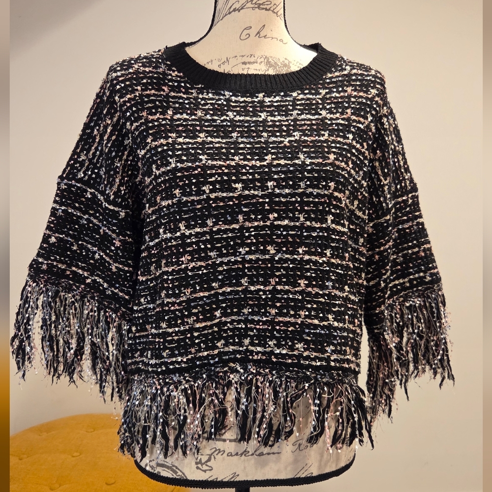 Fate Black and White Fringe Poncho.   Size S.